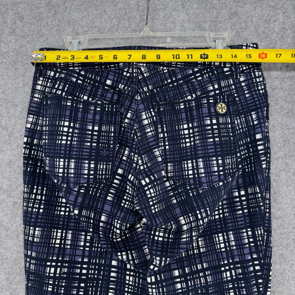Tory Burch Conner Tab Front Skinny Pants Navy Purple Plaid Grid Size 29 - Picture 8 of 12